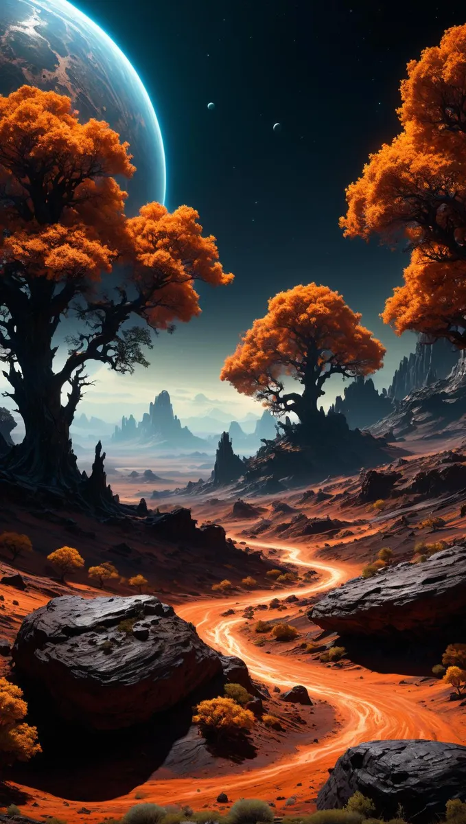 A cosmic landscape featuring a surreal alien planet with vibrant orange trees and a winding, glowing river, created using Stable Diffusion AI.