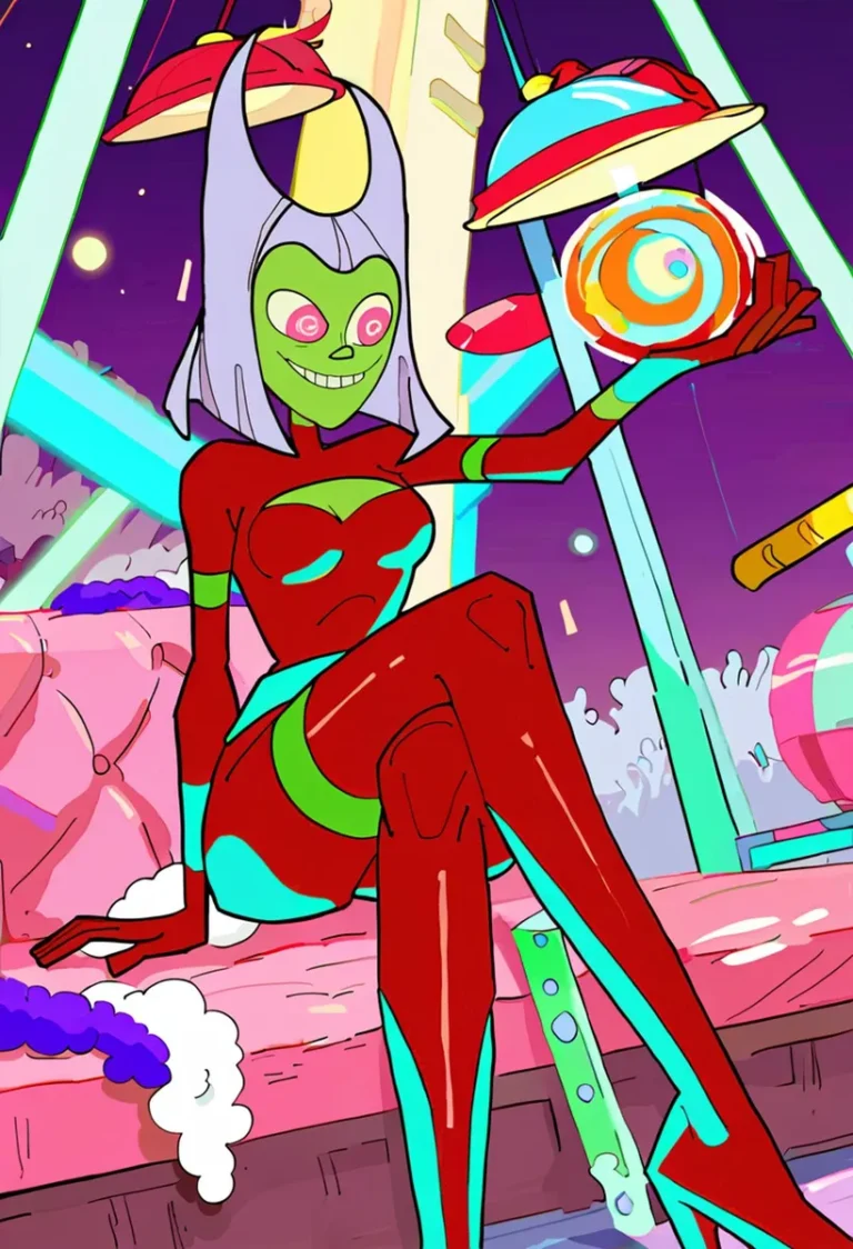 A vibrant AI-generated illustration using Stable Diffusion featuring an alien woman with green skin and long gray hair. She is dressed in a form-fitting red and green suit and is seated in a colorful, futuristic environment holding a glowing orb.