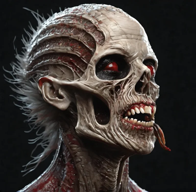 A highly detailed horror-themed AI generated image using Stable Diffusion of an alien zombie with exposed muscles and veins, sharp teeth, red eyes, and a forked tongue.