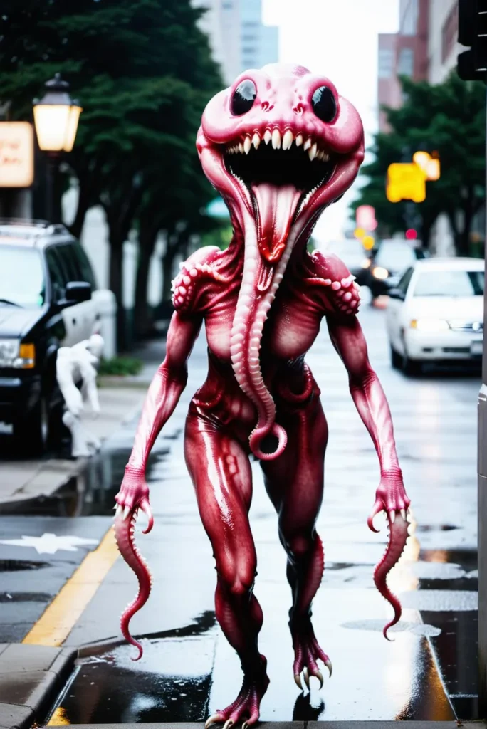 A grotesque alien creature with a large open mouth filled with sharp teeth, small tentacles, and shiny red skin walks down a wet city street. AI generated image using Stable Diffusion.
