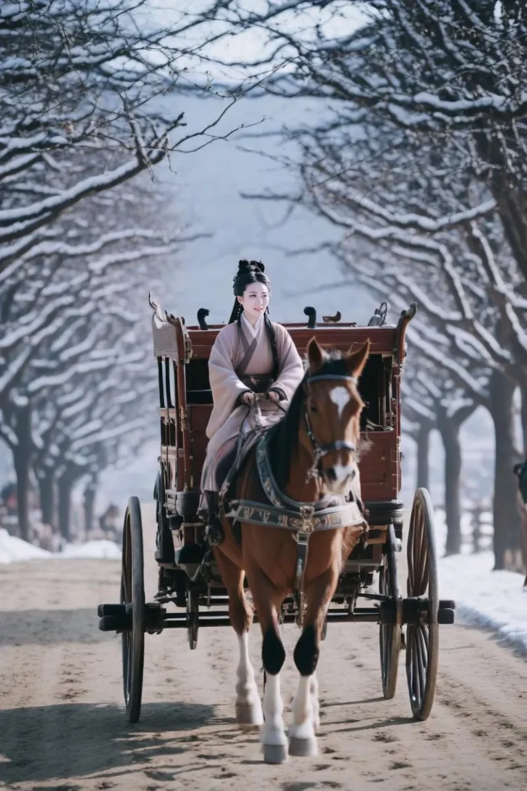 An AI-generated image using Stable Diffusion depicting an ancient woman in a traditional horse-drawn carriage, traveling along a snowy tree-lined path.