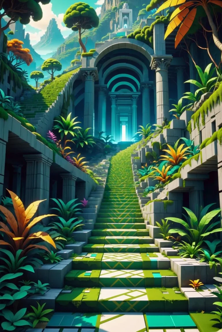 AI generated image of an ancient temple pathway surrounded by lush vegetation and vibrant colors using stable diffusion.