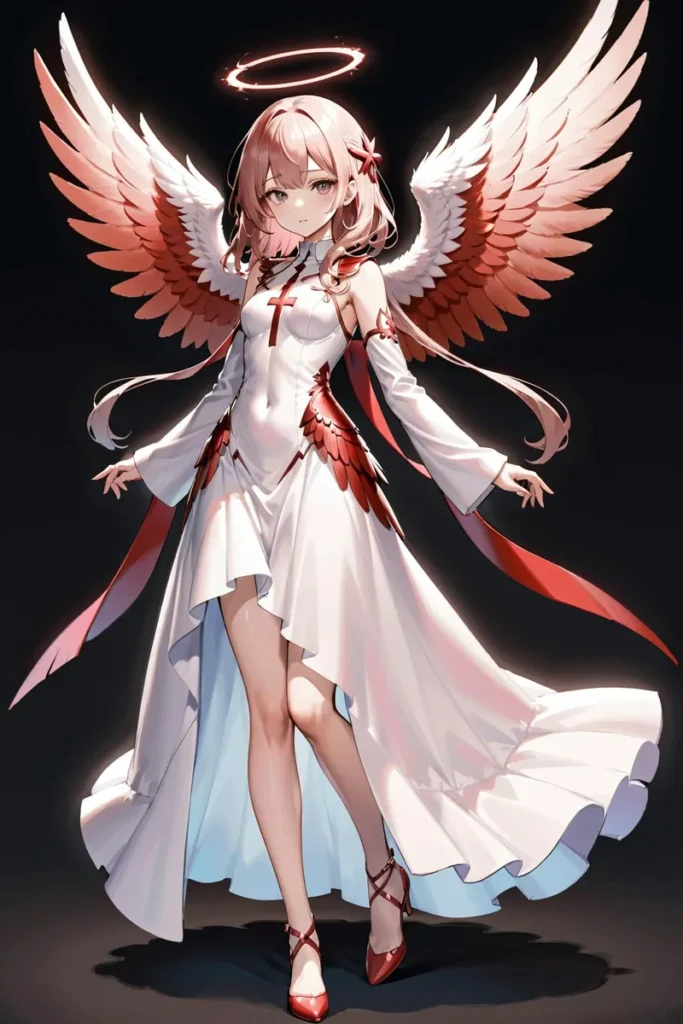 A stunning anime-style image of an angelic girl with pink hair, a halo, and feathered wings, generated using Stable Diffusion's AI.
