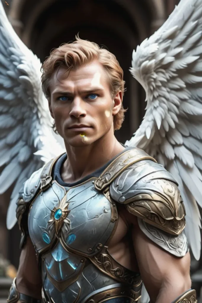Blue-eyed angel warrior with white wings and ornate fantasy armor. AI generated image using Stable Diffusion.