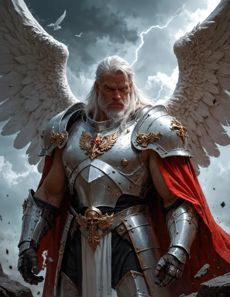 Fantasy image of an angel warrior in full silver and gold armor with white wings against a stormy sky. This is AI generated using stable diffusion.
