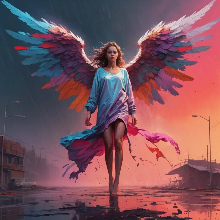 AI-generated image using Stable Diffusion showing an angel with colorful wings walking barefoot in a gritty cityscape at sunset.