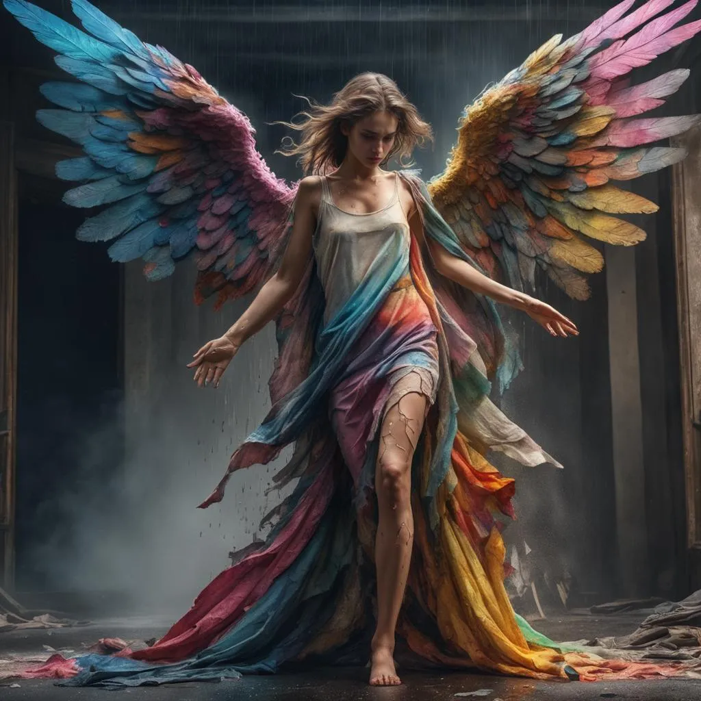 A breathtaking AI generated image of a woman with colorful wings, wearing a tattered dress, radiating a sense of ethereal beauty and fantasy, created using Stable Diffusion.