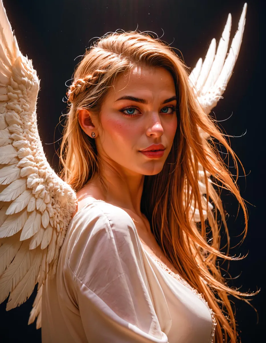 A beautiful woman with angelic wings wearing a white dress, created with AI using stable diffusion.