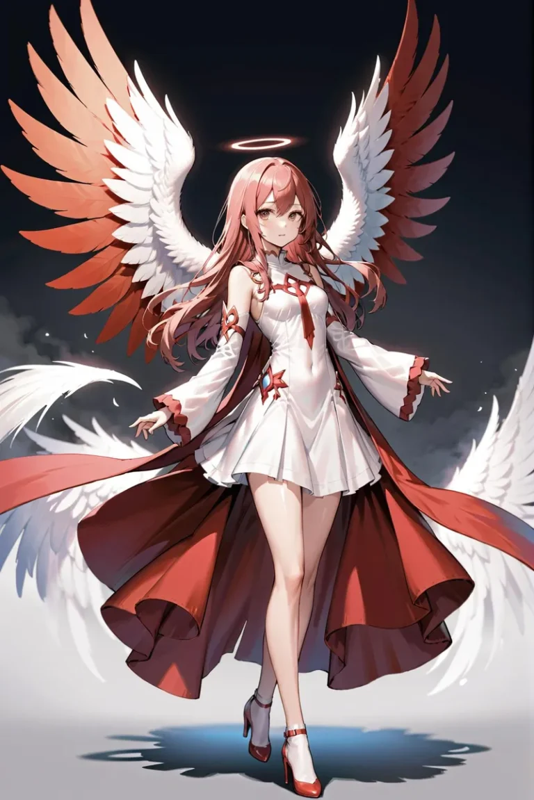 A beautiful anime girl with majestic wings, a glowing halo, and an elegant white and red dress, in a fantasy setting. AI-generated using Stable Diffusion.