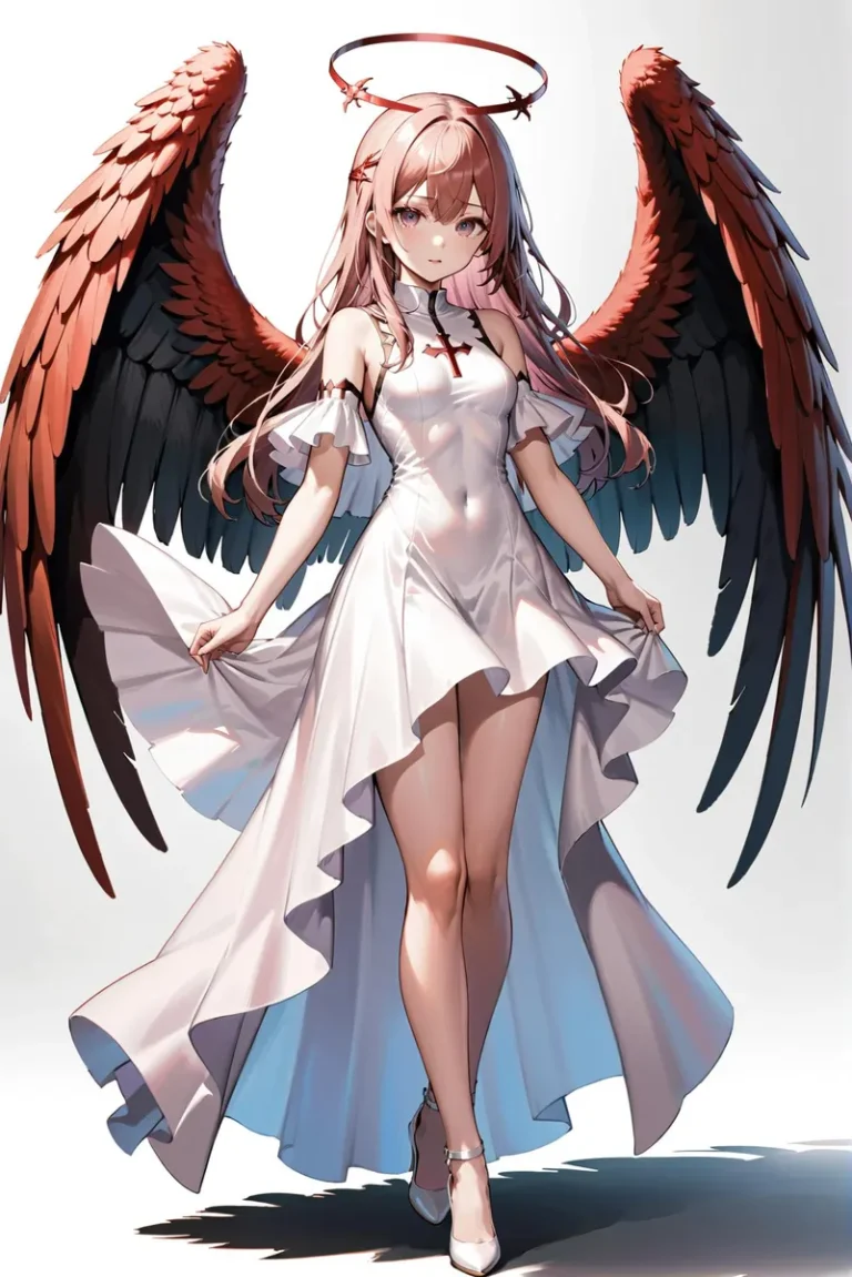 An AI generated image using stable diffusion of a serene angelic character with fiery black and red wings, wearing a white dress and halo.