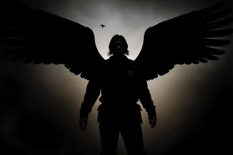 Silhouette of an angelic figure with large, dark wings spreading wide, illuminated against a moody sky with a single bird flying above, AI generated using Stable Diffusion.