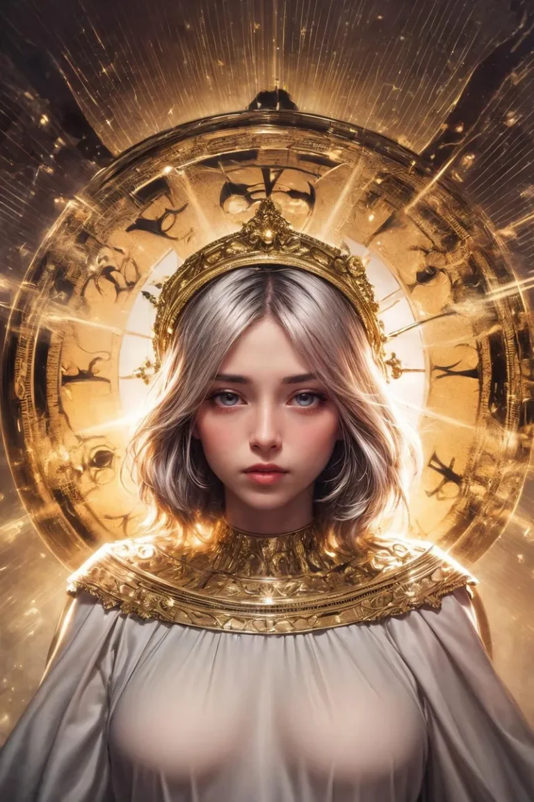 A detailed and ethereal AI-generated image using Stable Diffusion, featuring a youthful, angelic figure with silver hair wearing a golden crown and elaborate golden attire, set against a backdrop of golden, radiant circular patterns.