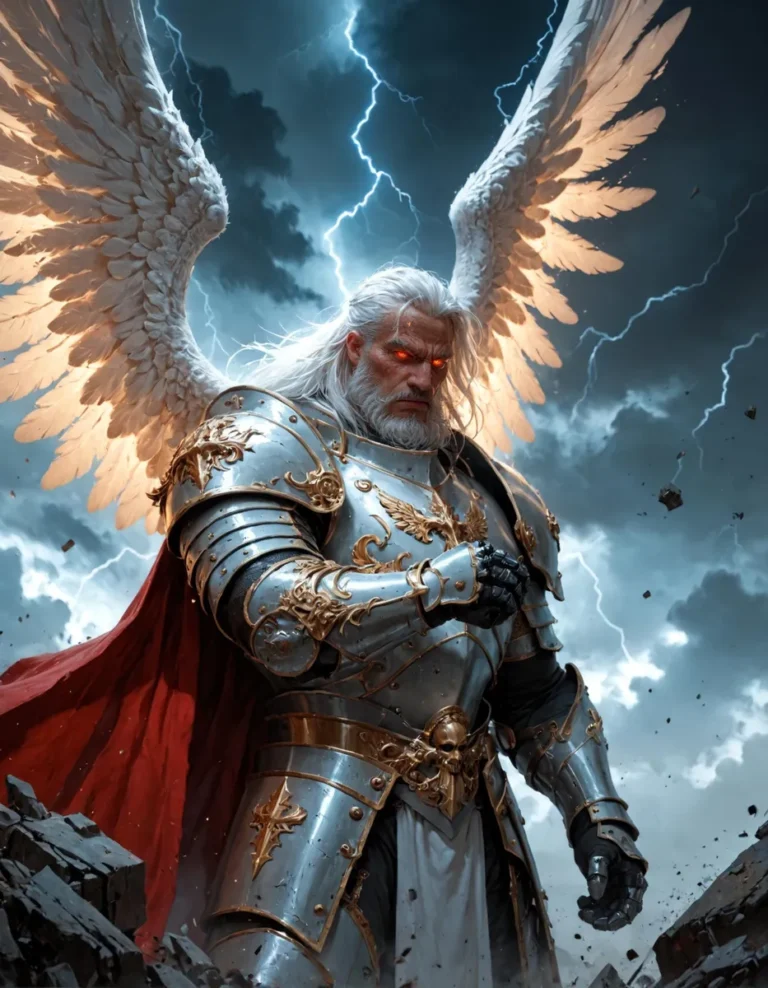 Angelic warrior with white wings in golden armor under a stormy sky and lightning, created using stable diffusion.