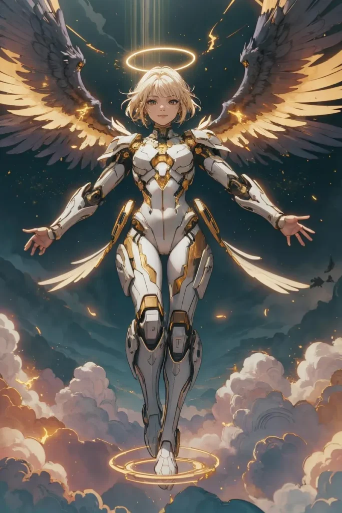 an AI generated image using Stable Diffusion showing a cybernetic angelic warrior with golden wings, halo, and armor against a celestial backdrop