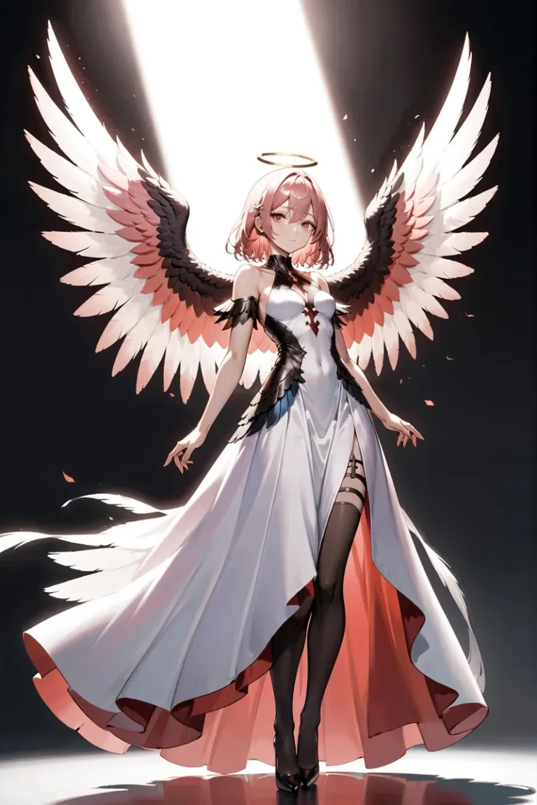 Anime style angelic warrior composed by Stable Diffusion. Character with halo, black-white-red wings, white dress, and pink hair.