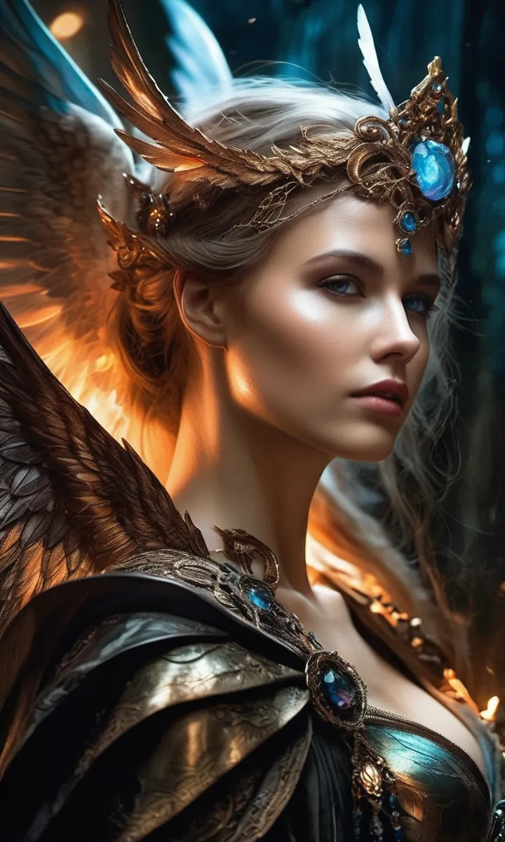 An AI generated image using Stable Diffusion. A regal woman with angelic wings, wearing ornate golden armor adorned with blue gemstones and a crown with a radiant blue jewel.