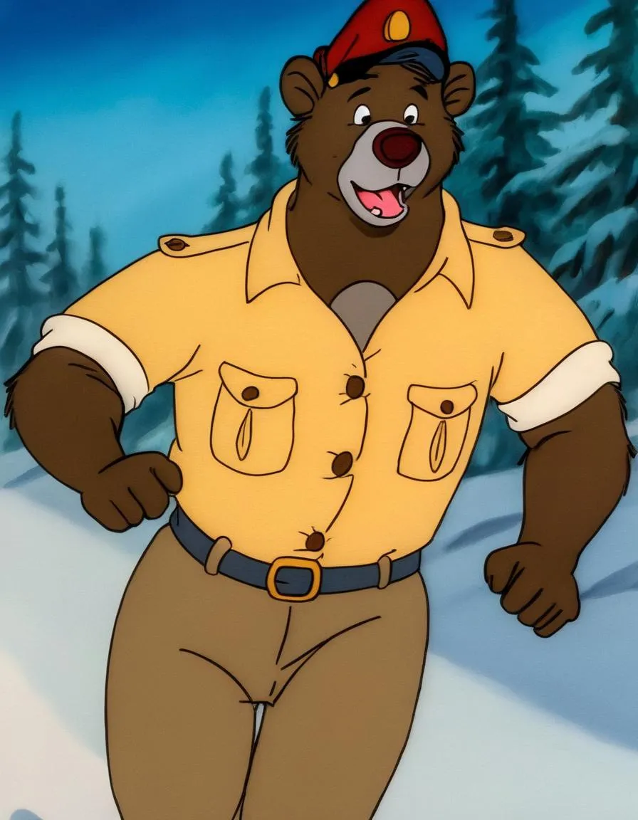 AI generated image using stable diffusion of an animated bear dressed in a yellow shirt and a red cap, standing in a snowy forest.