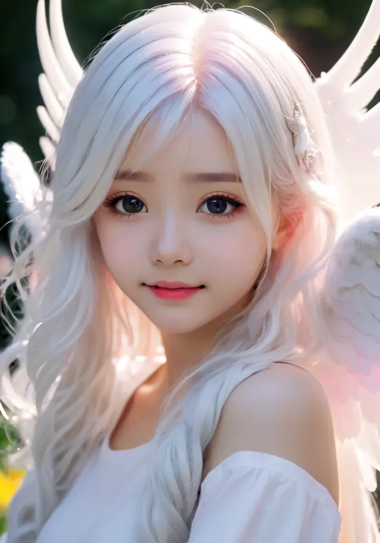 Angelic anime-style character with long white hair and soft, feathered wings. AI generated image using Stable Diffusion.