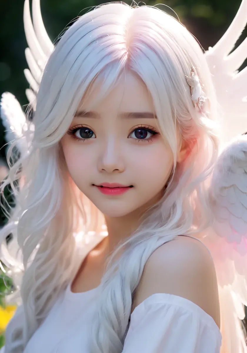 Angelic anime-style character with long white hair and soft, feathered wings. AI generated image using Stable Diffusion.