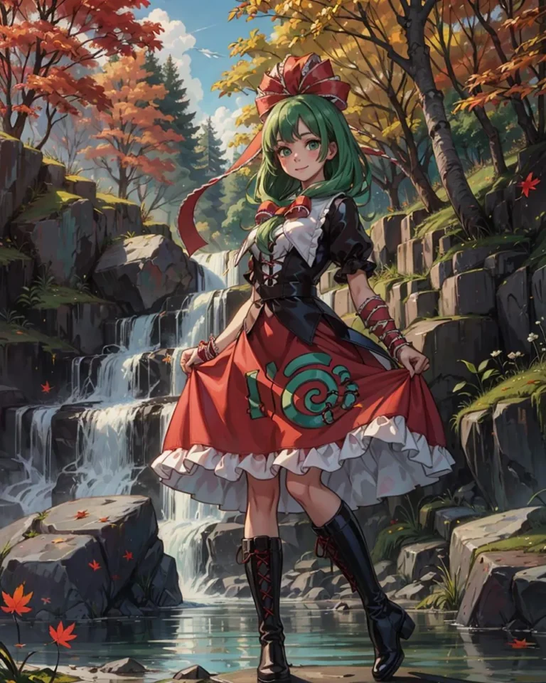 A serene autumn scene features an anime-style girl with green hair and a detailed dress. She's standing on rocks in front of a cascading waterfall with colorful autumn trees in the background, emphasizing an AI-generated image created using Stable Diffusion.