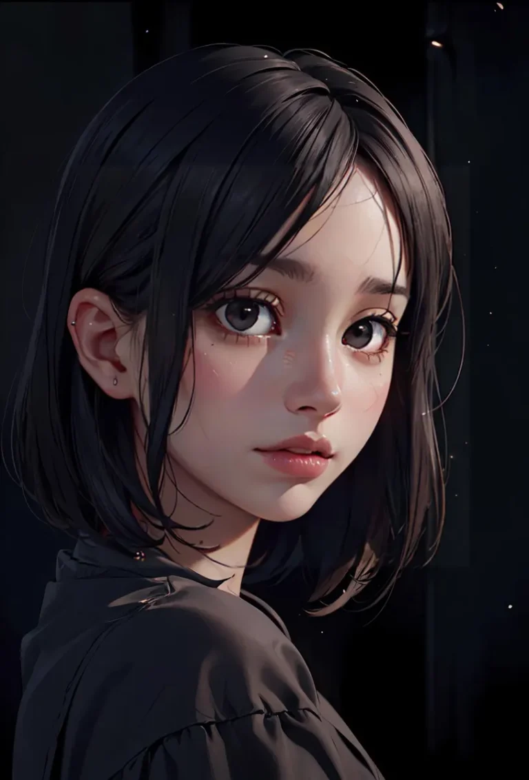 Close-up of an anime-style character with big eyes and short black hair. She appears to be wearing a dark top and has a slightly sad expression.