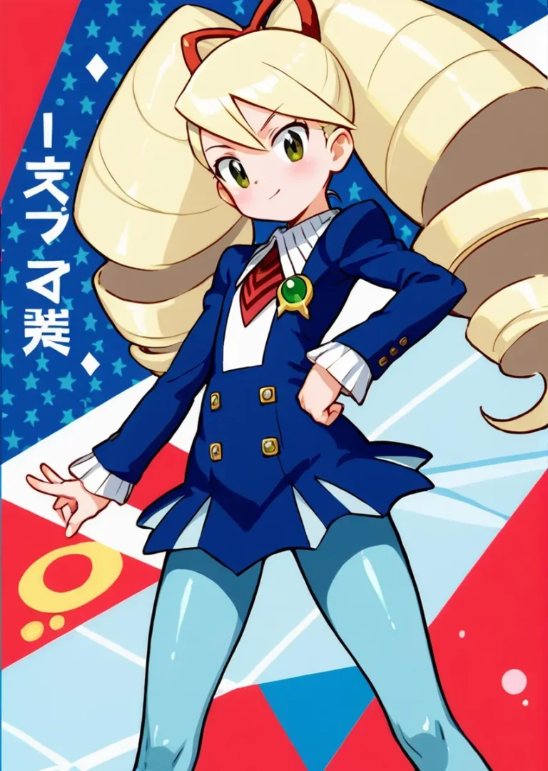 Anime-style character with long blonde hair and cat ears, wearing a blue uniform, AI generated using Stable Diffusion.