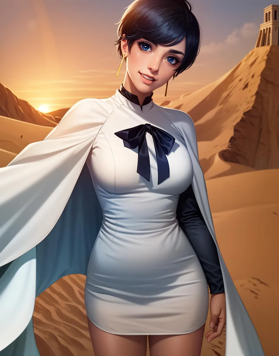 Beautiful anime character with short dark hair, dressed in a white cape and a form-fitting white dress with black accents, standing in a desert at sunset. AI generated image using stable diffusion.