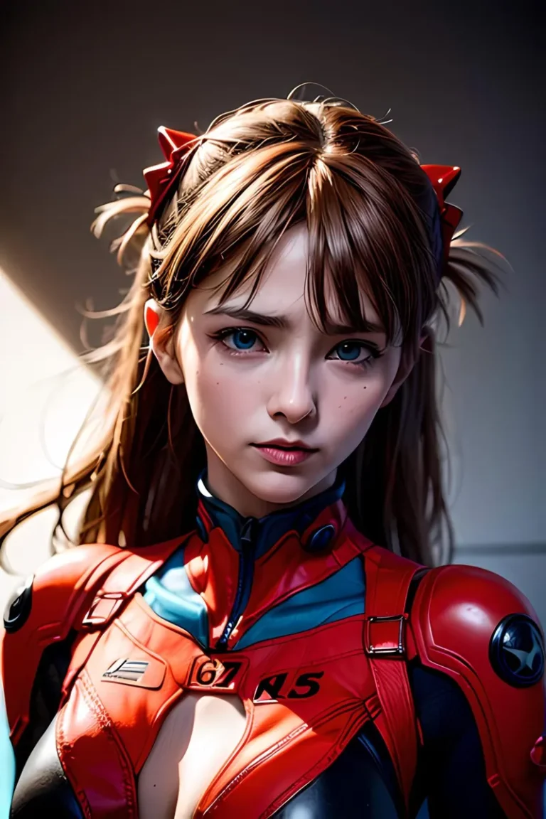 AI generated image of an anime character with a serious expression wearing a detailed, futuristic red suit, created using Stable Diffusion.