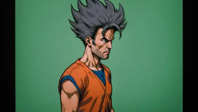 Anime character with sharp spiky hair, wearing an orange top with blue details and a serious expression, created using Stable Diffusion AI image generator.