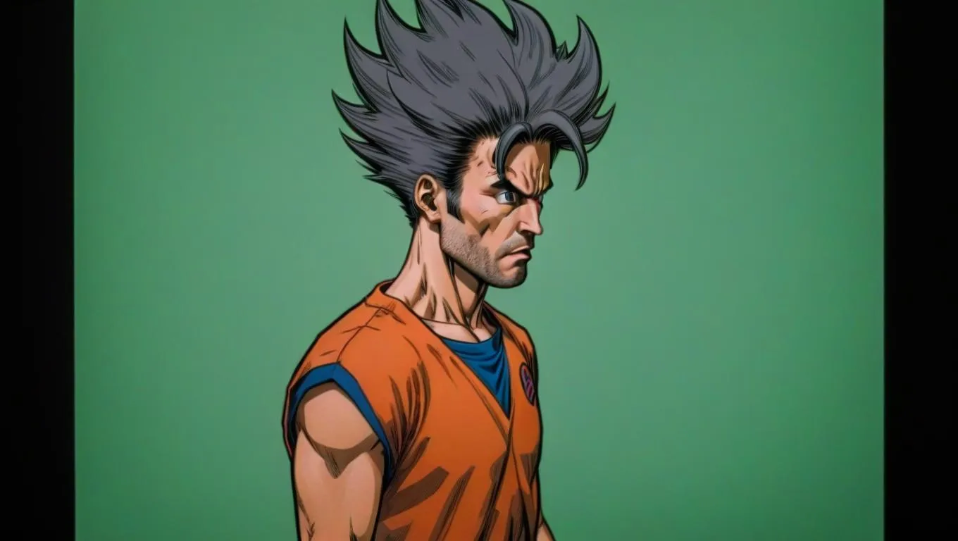 Anime character with sharp spiky hair, wearing an orange top with blue details and a serious expression, created using Stable Diffusion AI image generator.