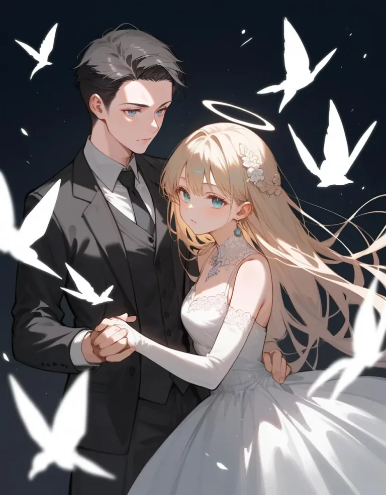 Romantic anime couple holding hands during their wedding with white birds flying around in an AI generated image using stable diffusion.
