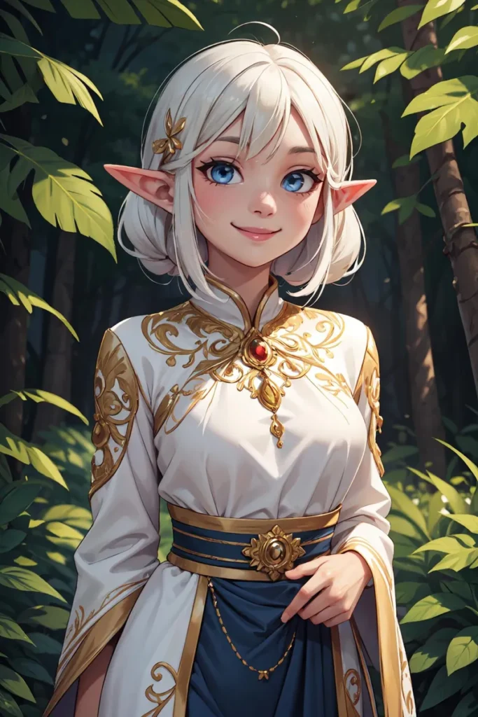 This is an AI generated image using stable diffusion, depicting a beautiful anime elf girl with white hair and blue eyes, wearing an intricately designed white and gold robe, posing in a forest with lush green leaves in the background.