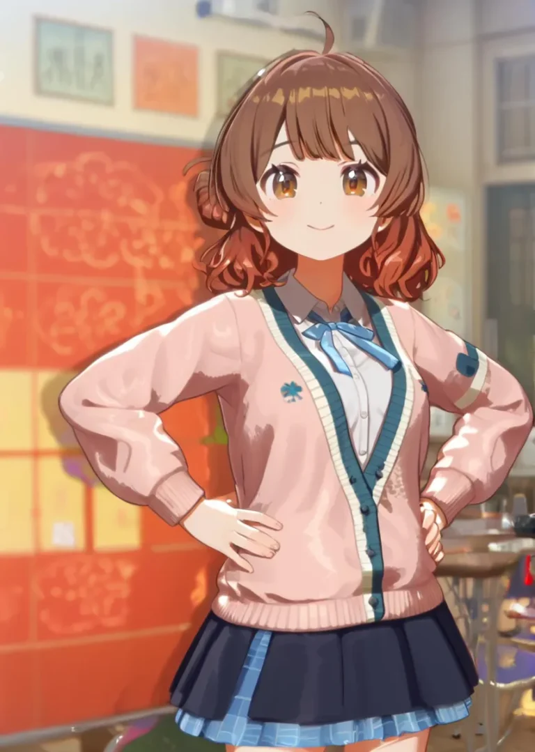 Anime-style image of a girl with short brown hair, wearing a school uniform consisting of a pink sweater, blue plaid skirt, and white shirt with a blue ribbon. Created using stable diffusion AI.