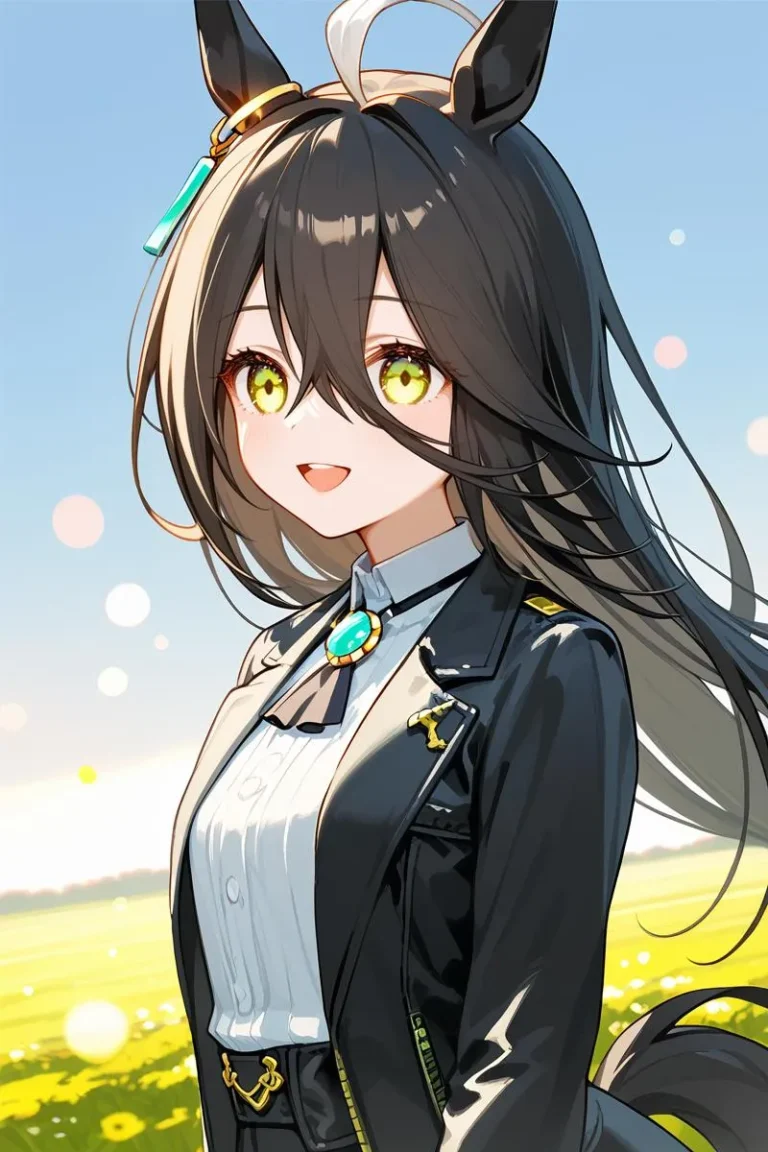 AI generated image using stable diffusion featuring an anime girl with black hair, yellow eyes, wearing a leather jacket, and standing in a sunny field with a clear sky.