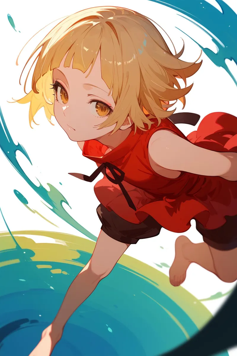 Anime-style girl with short blonde hair and golden eyes, wearing a red dress and black shorts, with swirling blue and green background. AI generated image using stable diffusion.