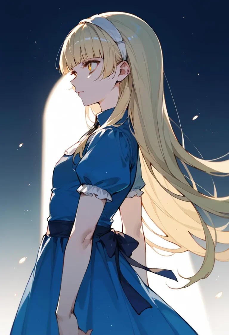 AI generated image of an anime girl with blonde hair, wearing a blue dress, created using Stable Diffusion.