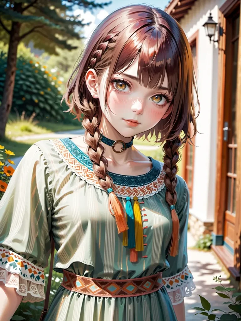 An anime girl with braided hair in a nature background, created using Stable Diffusion AI.