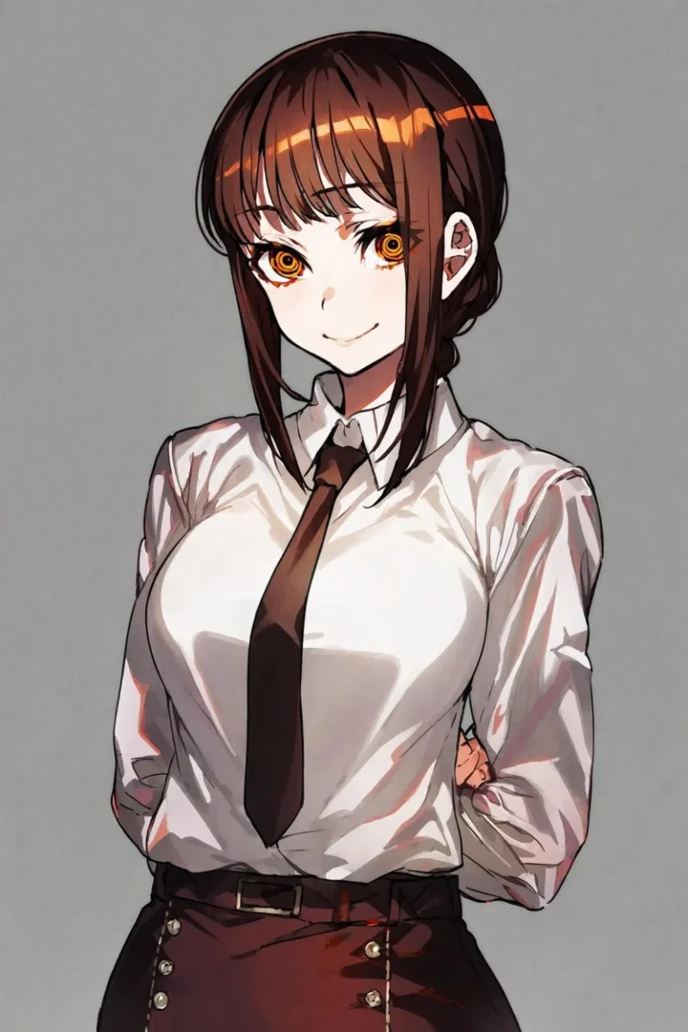 Detailed anime girl with brown hair, yellow eyes, white shirt, and brown tie AI generated using Stable Diffusion.