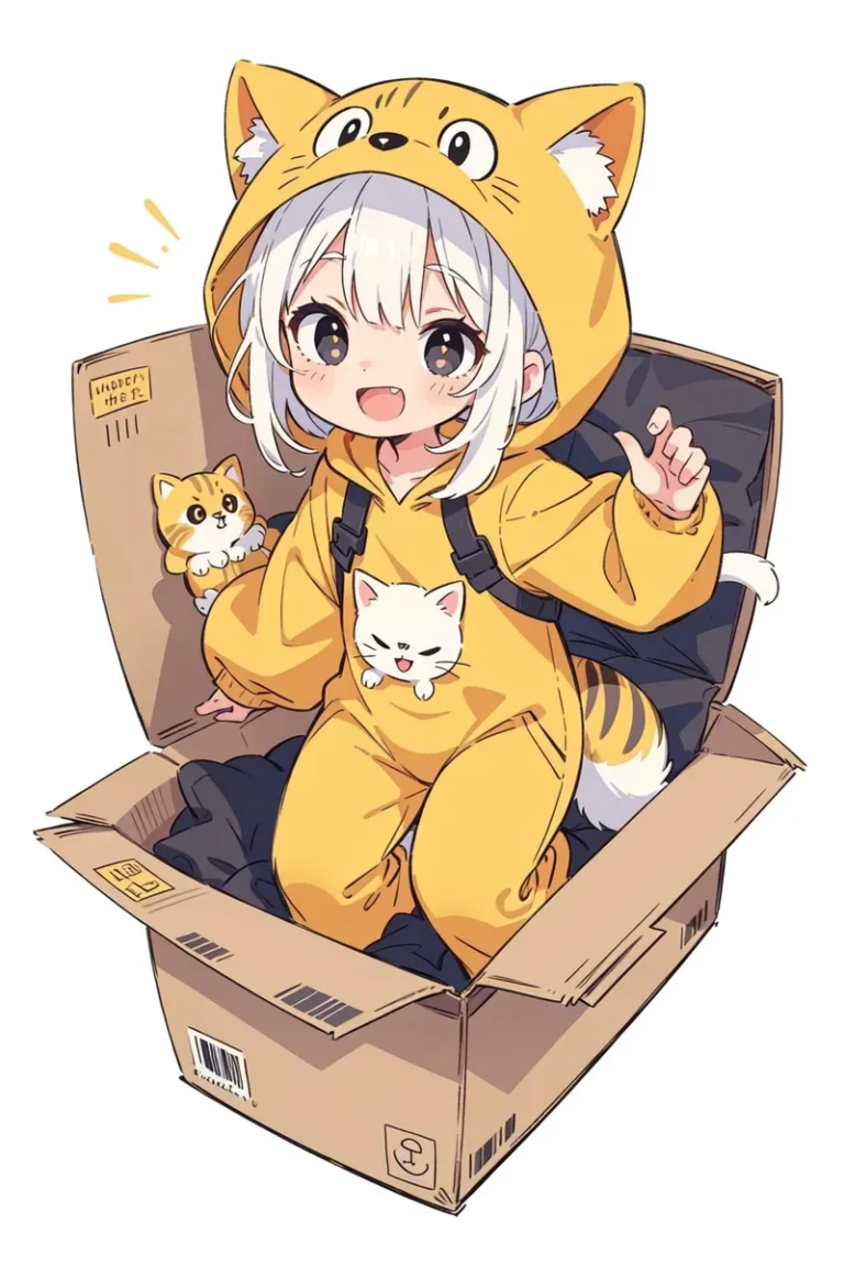 An adorable anime girl in a yellow cat costume sits inside a cardboard box holding a small plush toy. This is an AI generated image using stable diffusion.