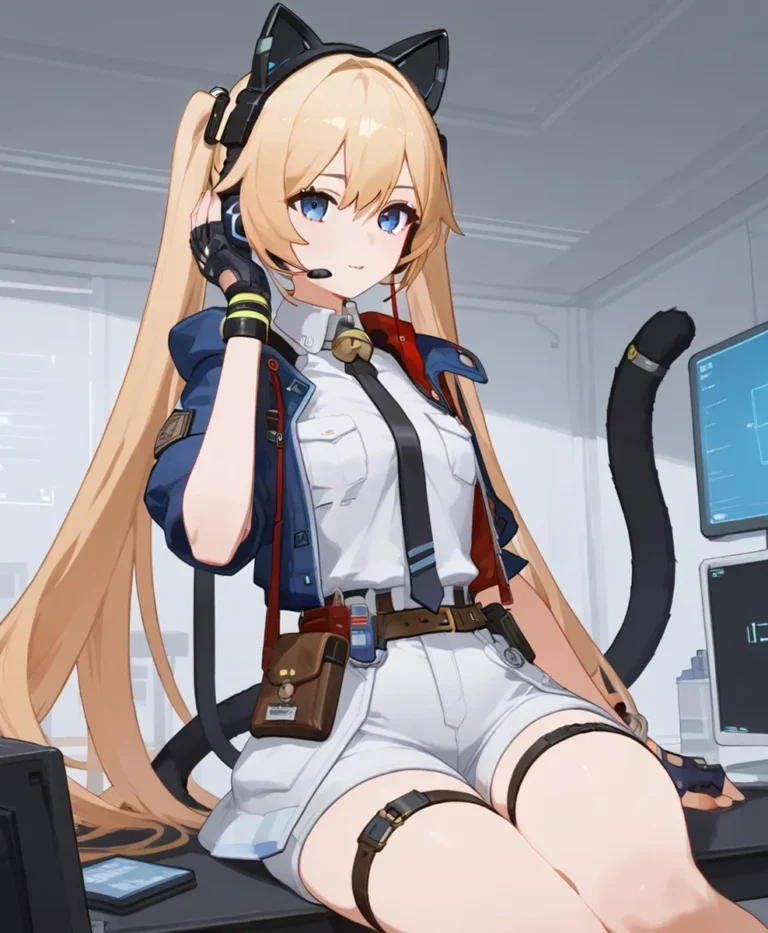 Anime girl with blonde hair, cat ear headset, and headphones sitting at a desk in a futuristic setting. AI generated image using Stable Diffusion.