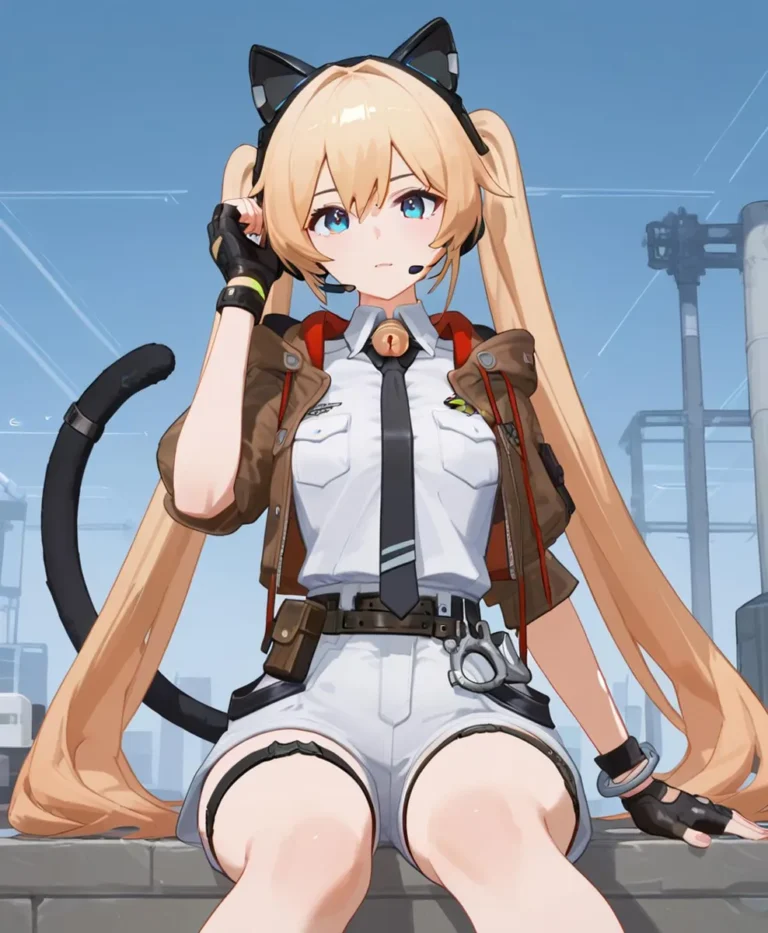 AI generated anime-style image of a girl with long blonde hair, cat ears, and cosplay outfit created using Stable Diffusion.
