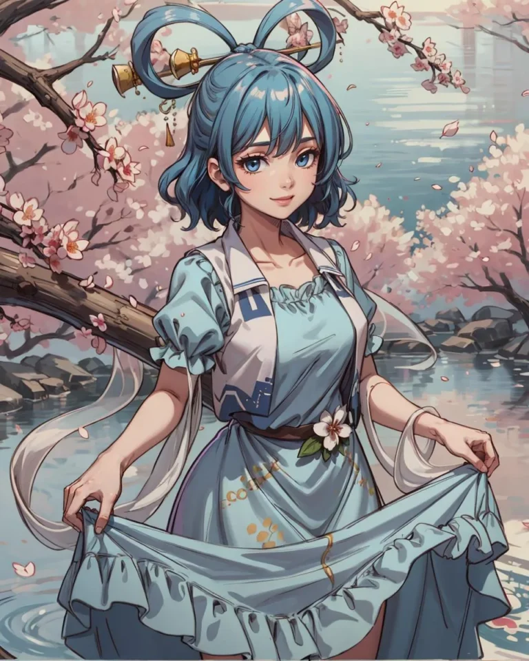 AI generated image of an anime girl with blue hair standing in front of cherry blossoms and a serene lake, wearing a flowing blue dress. Created with Stable Diffusion.