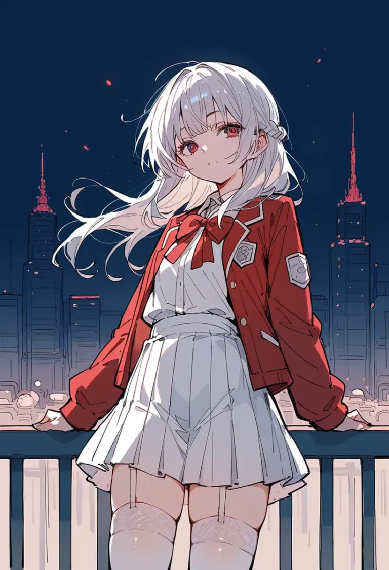 AI generated image of a young anime girl with white hair wearing a red jacket, standing in front of a night cityscape with illuminated buildings in the background. Created using Stable Diffusion.