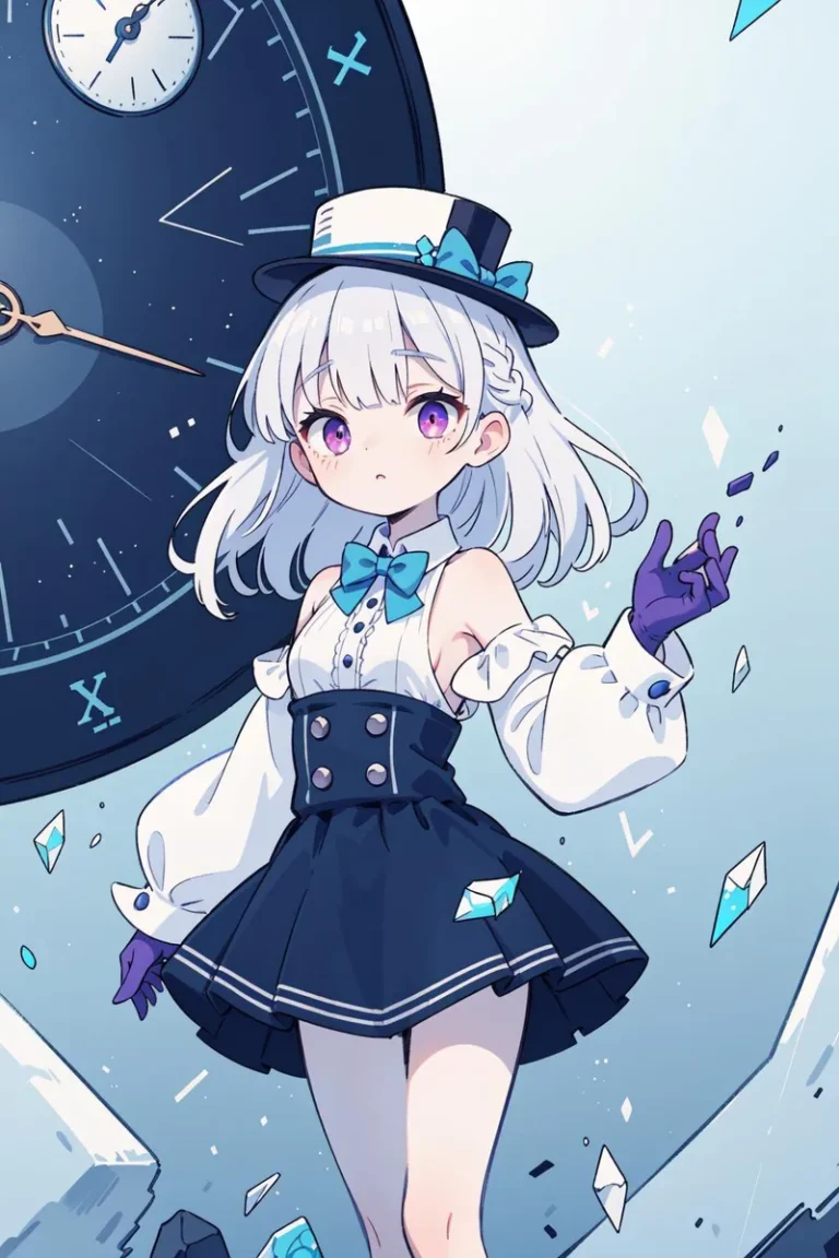 AI generated image of an anime girl with white hair and purple eyes, in a white and navy blue outfit with a hat and gloves, standing in front of a large clock.