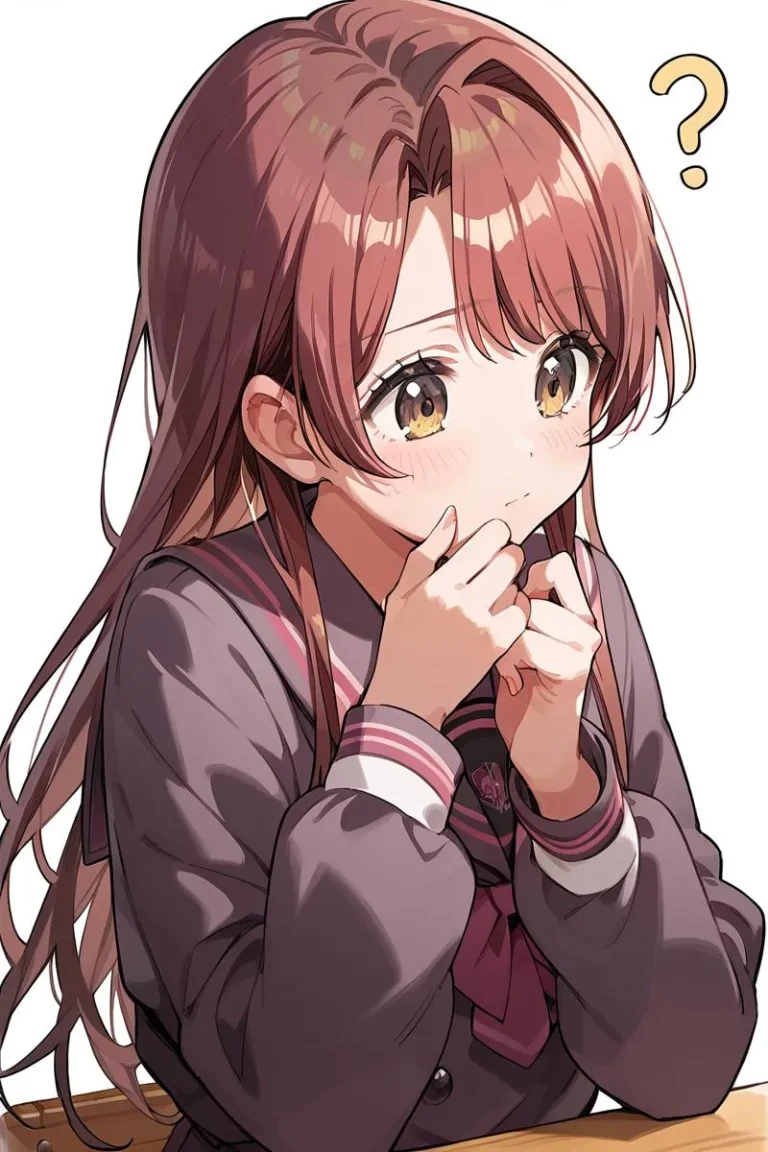 Anime girl with long brown hair, dressed in a school uniform, looking confused with a question mark above her head. AI generated image using Stable Diffusion.