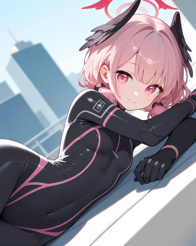 Anime girl with pink hair and black wings wearing a sleek black cyber suit with pink accents, leaning on a surface with a cityscape background. This is an AI generated image using Stable Diffusion.