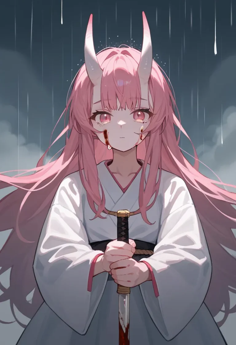 AI generated image of an anime girl with pink hair and white demon horns, holding a katana with a blood-stained blade under the rain using stable diffusion.