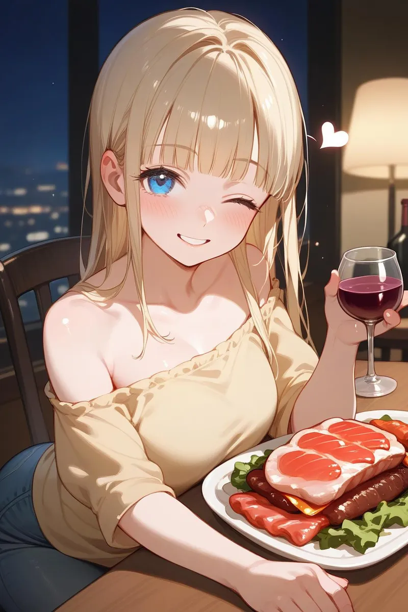 Anime girl with blonde hair winking and holding a glass of red wine while sitting at a dining table with a plate of assorted meats. AI generated image using Stable Diffusion.