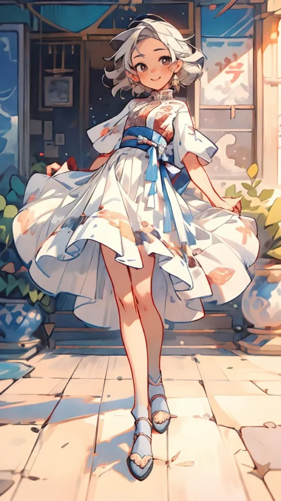 An AI generated anime-style image using Stable Diffusion, depicting a girl with short white hair, wearing a white flowy dress with blue patterns, standing on a tiled floor in a brightly lit environment.