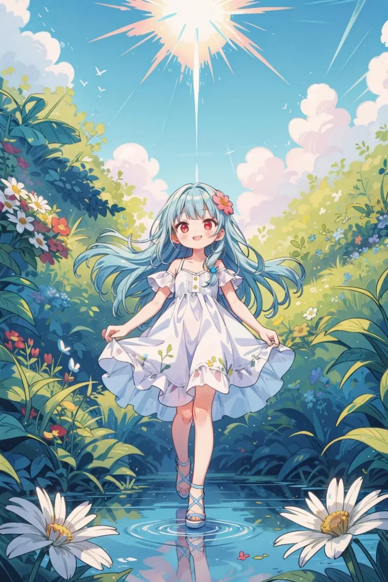 Anime-style illustration of a young girl with blue hair, wearing a white dress, standing in a vibrant flower garden with a shining sun in the sky, generated with Stable Diffusion.